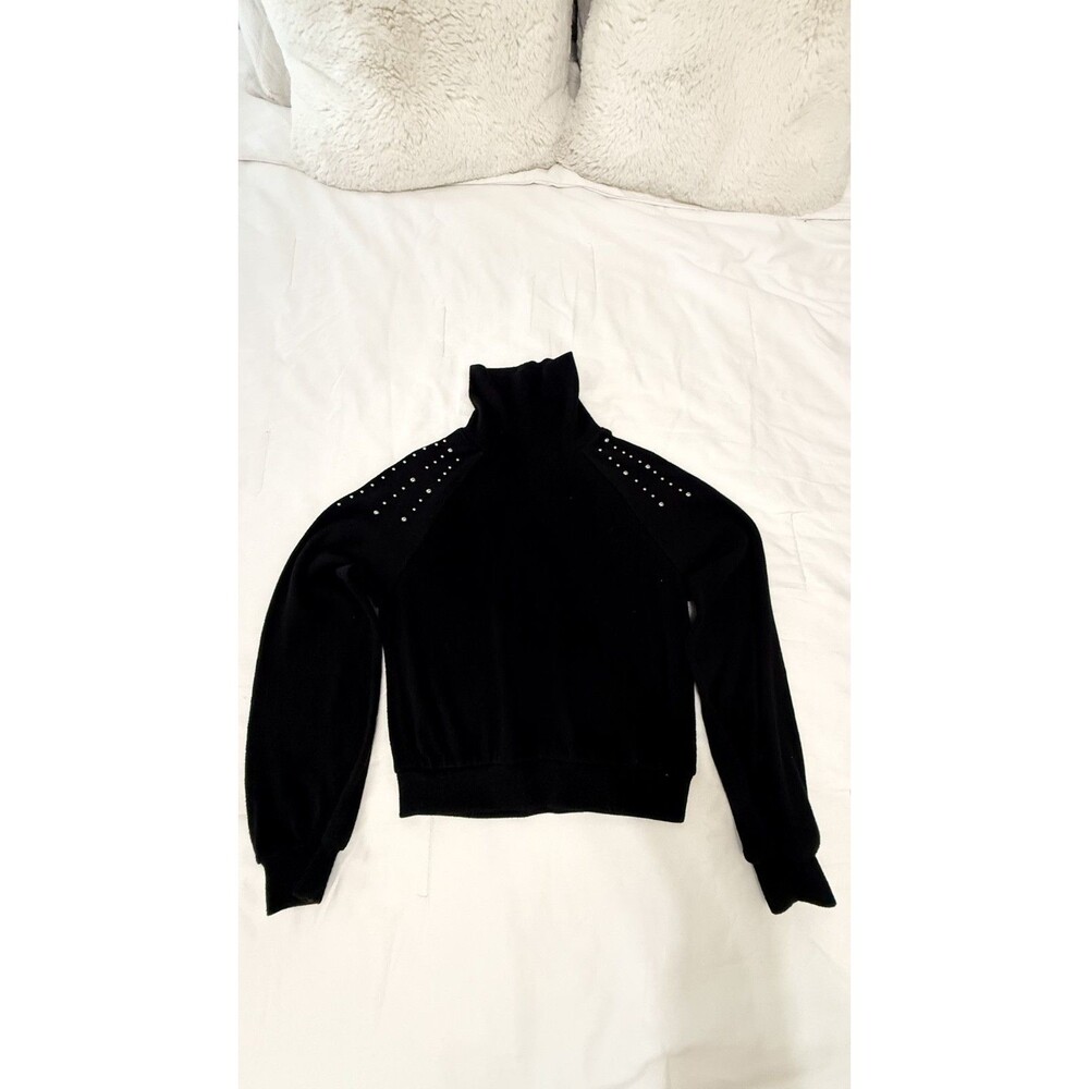 Zara Black Velvet Cropped Turtleneck Sz S Rhinestone Studded Shoulder Top